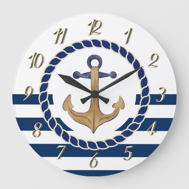 Nautical Boat Namn,Retro Anchor Navy Blue Stripe Stor Klocka (Framsida)