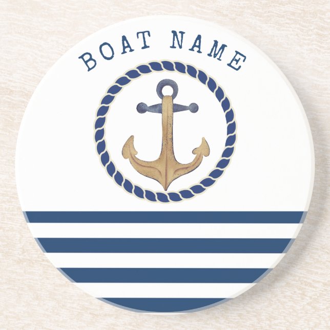 Nautical Boat Namn,Retro Anchor Navy Blue Stripe Underlägg (Framsidan)