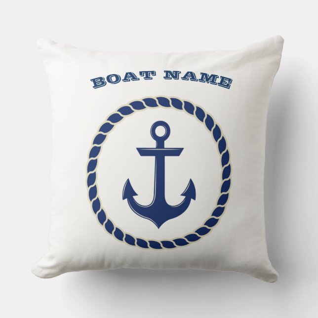 Nautical Boat Namn,Rope,Anchor Navy Blue Stripe Kudde (Framsida)