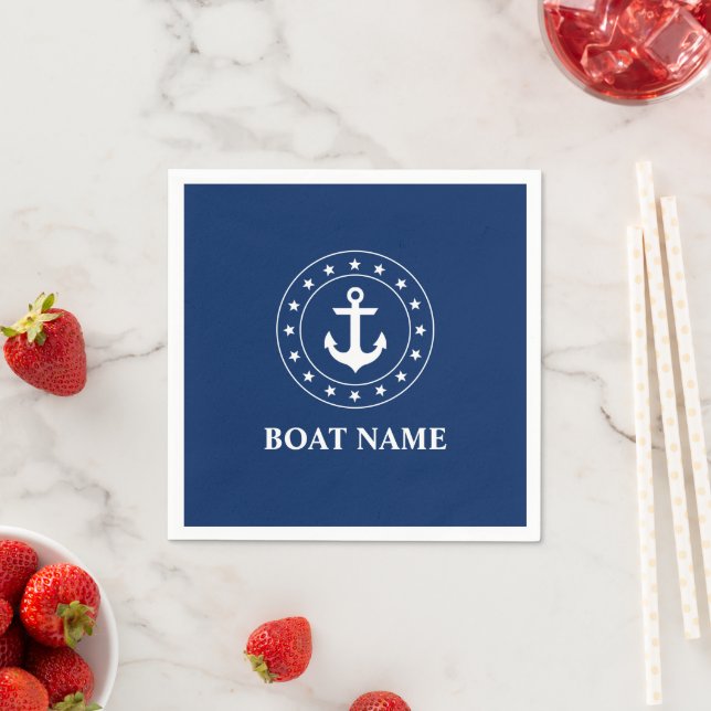 Nautical Boat Namn Stars Anchor Navy Blue Napkins Pappersservett (Insitu)