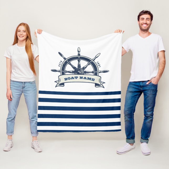 Nautical, Boat Wheel, Navy Blue White Rand Fleecefilt (På plats)
