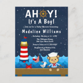 Nautical Boy Apa Röd och Marinblå Baby Shower Vykort