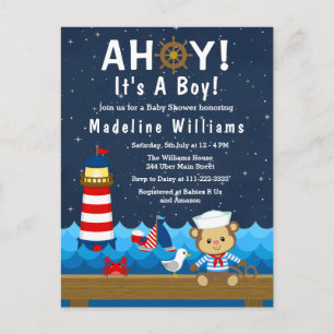Nautical Boy Apa Röd och Marinblå Baby Shower Vykort