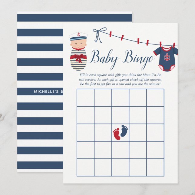 Nautical Boy Baby Shower Baby Bingo Inbjudningar (Fram/baksida)
