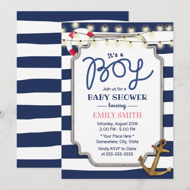 Nautical Boy Baby Shower Guld Anchor Navy Rand Inbjudningar (Fram/baksida)