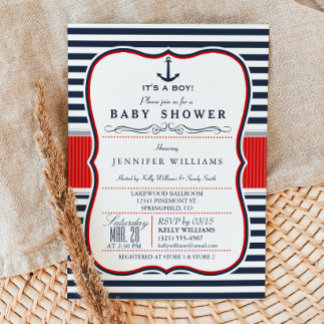 Nautical Boy Baby Shower Inbjudan; Navy and Red Inbjudningar