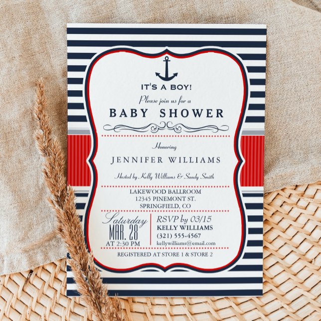 Nautical Boy Baby Shower Inbjudan; Navy and Red Inbjudningar (Skapare uppladdad)