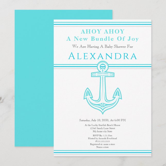 Nautical Boy Baby Shower Turkvoise Teal Anchor (Fram/baksida)