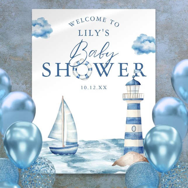 Nautical Boy Baby Shower Välkomstskylt Poster (Nautical Boy Baby Shower Welcome Sign)