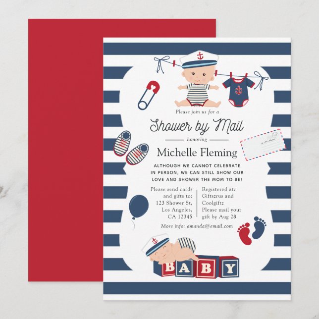 Nautical Boy Baby Shower via post Inbjudningar (Fram/baksida)
