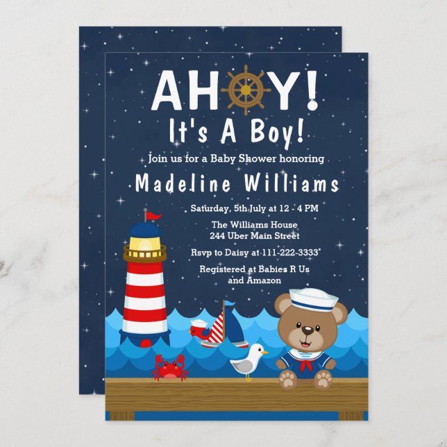Nautical Boy Bear Red and Navy Baby Shower Inbjudningar (Fram/baksida)