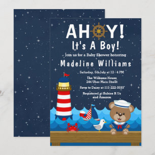 Nautical Boy Bear Red and Navy Baby Shower Inbjudningar