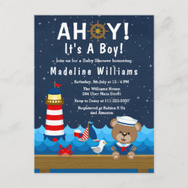 Nautical Boy Bear Red and Navy Baby Shower Vykort