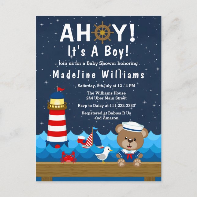 Nautical Boy Bear Red and Navy Baby Shower Vykort (Framsida)