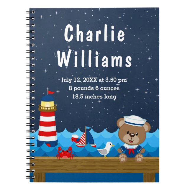 Nautical Boy Bear Red Navy Birth Statistics Anteckningsbok (Framsidan)