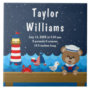 Nautical Boy Bear Red Navy Birth Statistics Kakelplatta