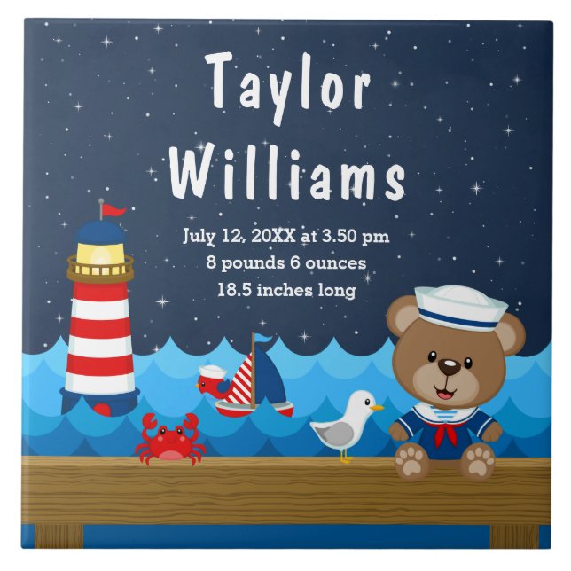 Nautical Boy Bear Red Navy Birth Statistics Kakelplatta (Framsidan)