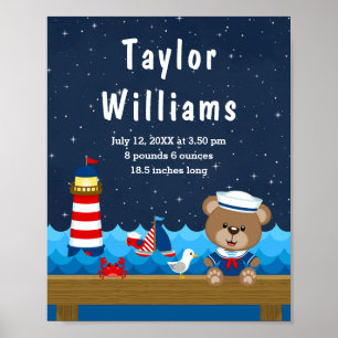 Nautical Boy Bear Red Navy Birth Statistics Poster
