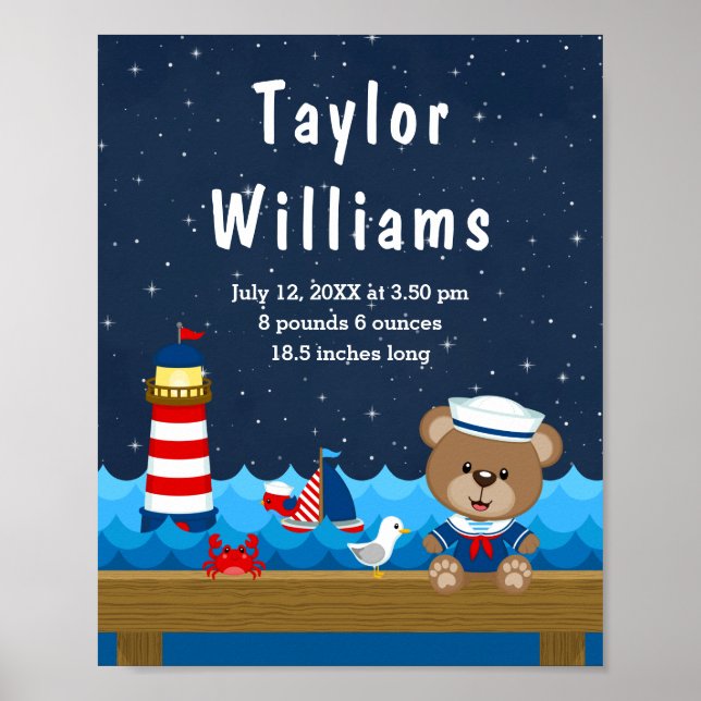 Nautical Boy Bear Red Navy Birth Statistics Poster (Framsidan)