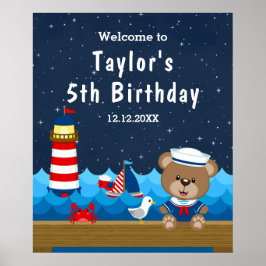 Nautical Boy Bear Red Navy Birthday Välkommen Poster