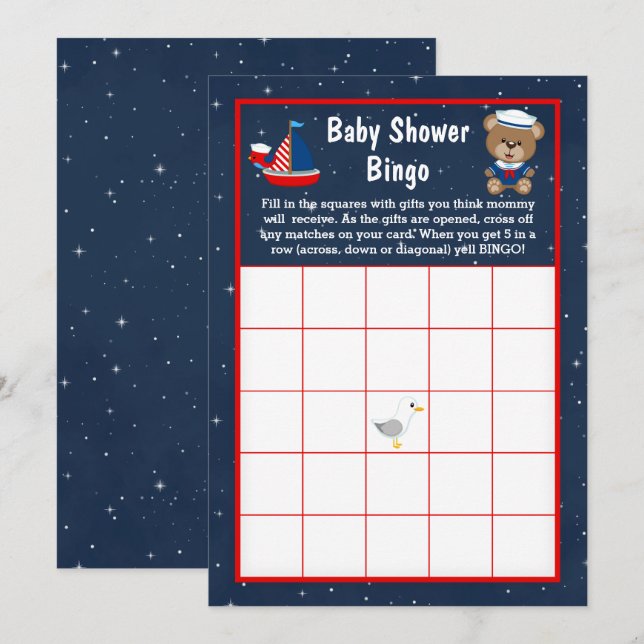 Nautical Boy Bear Red och Navy Baby Bingo Inbjudningar (Fram/baksida)