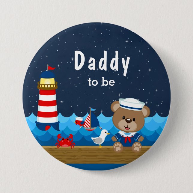 Nautical Boy Bear Red och Navy Pappa att bli Knapp (Framsida)