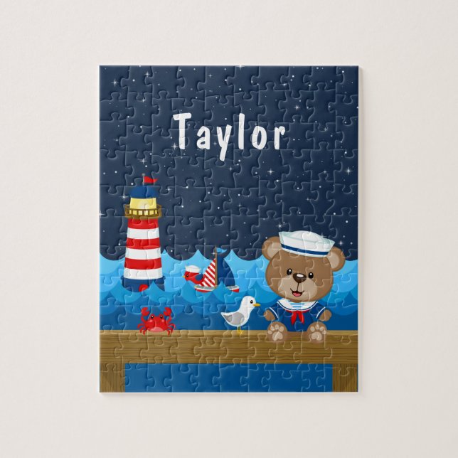 Nautical Boy Bear Red och Navy Pussel (Vertikal)