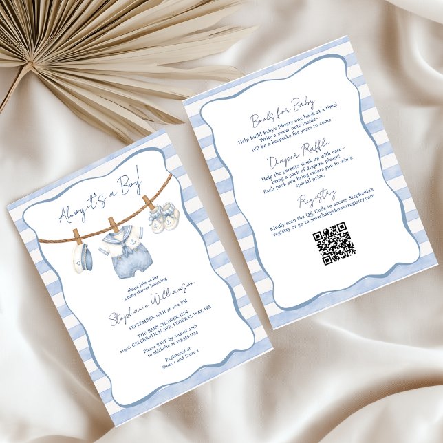 Nautical Boy Clothesline All-in-One Baby Shower  Inbjudningar (Nautical Boy Clothesline All-in-One Baby Shower Invitation)