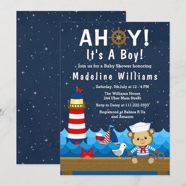 Nautical Boy Monkey Red and Navy Baby Shower Inbjudningar (Fram/baksida)