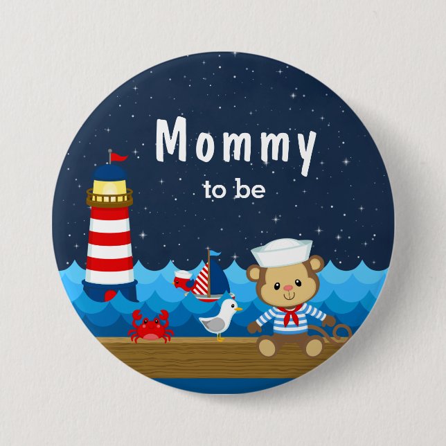 Nautical Boy Monkey Red and Navy Mamma att bli Knapp (Framsida)