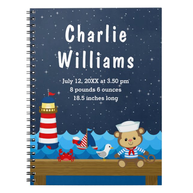 Nautical Boy Monkey Red Navy Birth Statistics Anteckningsbok (Framsidan)