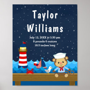 Nautical Boy Monkey Red Navy Birth Statistics Poster