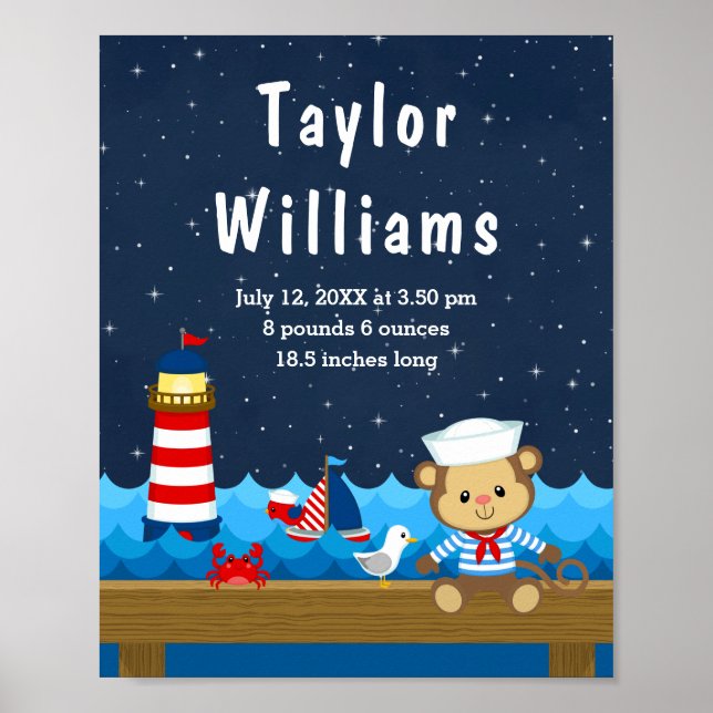 Nautical Boy Monkey Red Navy Birth Statistics Poster (Framsidan)