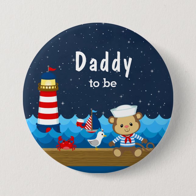 Nautical Boy Monkey Röd och Navy Pappa Att Vara Knapp (Framsida)