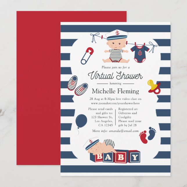 Nautical Boy Virtuell Baby Shower Inbjudningar (Fram/baksida)