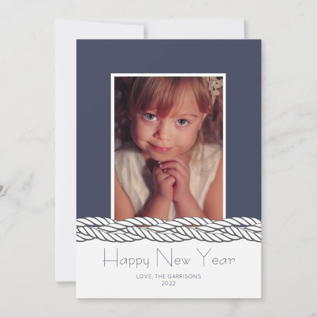 Nautical Braid Navy Photo New Year's Day Card Julkort (Framsida)