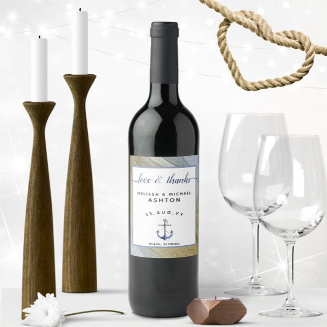 Nautical Bröllop Anchor Blue & Guld Vinflaska Etikett (Nautical Love & Thanks Personalized Nautical Wedding Wine Labels with Textured Blue & Gold Border)