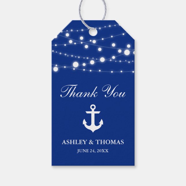 Nautical Bröllop Anchor String Ljus Blue Presentetikett (Framsidan)