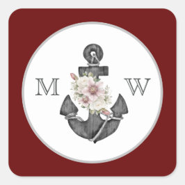 Nautical Bröllop Blommigt Anchor Maroon Red White Fyrkantigt Klistermärke