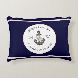 Nautical Bröllop Blommigt Anchor Navy Blue Rosa Prydnadskudde