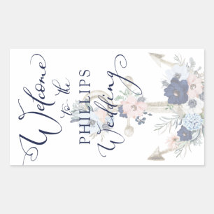 Nautical Bröllop Blommigt Anchor Navy Blue WELCOME Rektangulärt Klistermärke