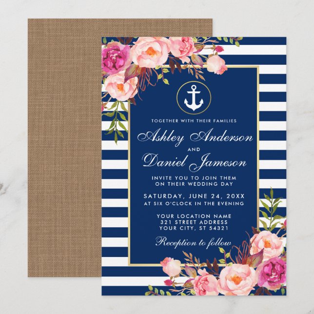 Nautical Bröllop Blue Rand Blommigt Rosa Inbjudan  (Fram/baksida)