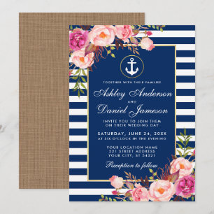Nautical Bröllop Blue Rand Blommigt Rosa Inbjudan