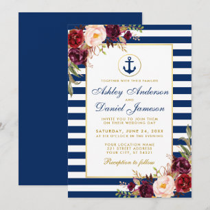 Nautical Bröllop Blue Rand Burgundy Inbjudan B