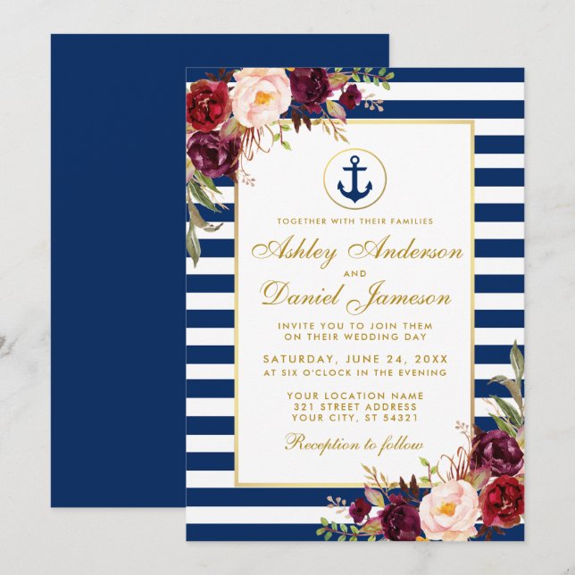 Nautical Bröllop Blue Rand Burgundy Inbjudan GB (Fram/baksida)