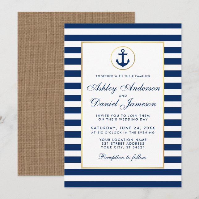 Nautical Bröllop Blue Rand Burlap Inbjudan (Fram/baksida)