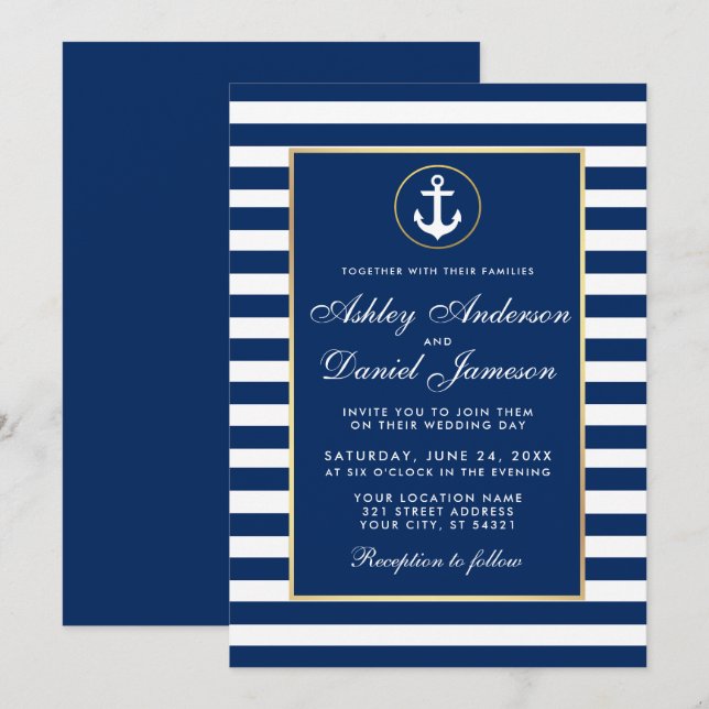 Nautical Bröllop Blue Rand Inbjudan B (Fram/baksida)