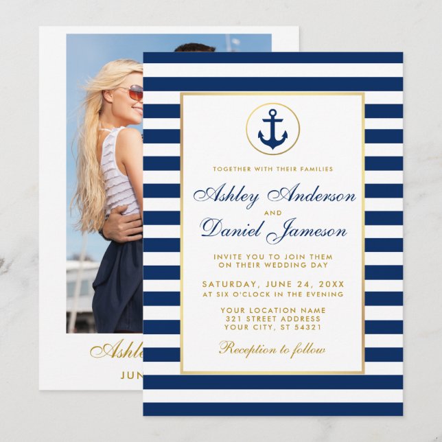 Nautical Bröllop Blue Rand Inbjudan BG Photo Back (Fram/baksida)
