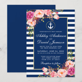 Nautical Bröllop Blue Rand Rosa Blommigt Inbjudan 