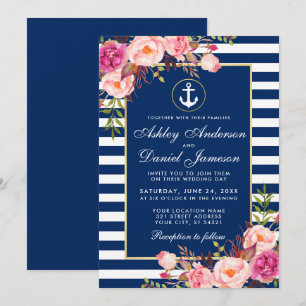 Nautical Bröllop Blue Rand Rosa Blommigt Inbjudan